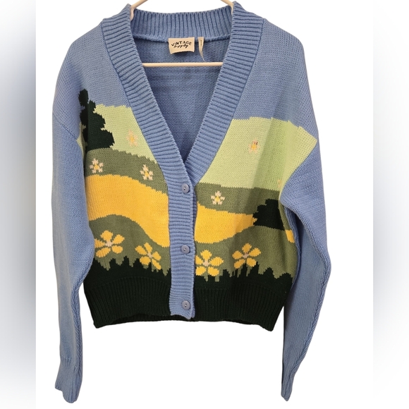 VINTAGE SUPPLY SPLIT NECK FLORAL CARDIGAN .SIZE SMALL. MADE IN THE U.K. FLOWERS - Picture 2 of 13